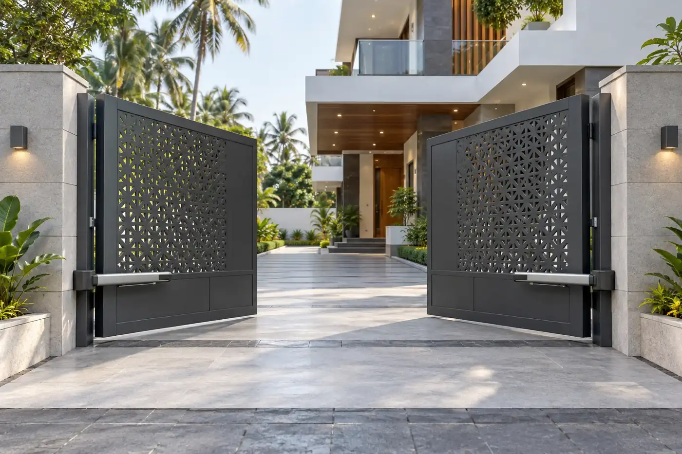 Open double-leaf steel swing gate with perforated panels and motorised arms — AI-created design concept
