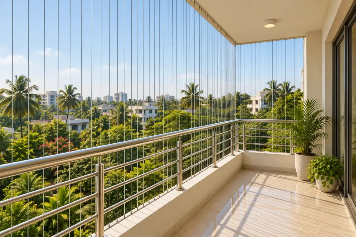Balcony enclosure with slim vertical steel cables — AI-created design concept