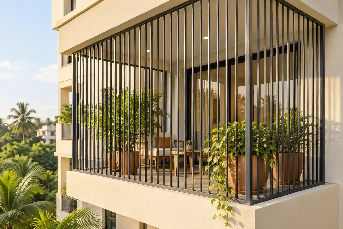 Full-height balcony enclosure with vertical steel bars — AI-created design concept