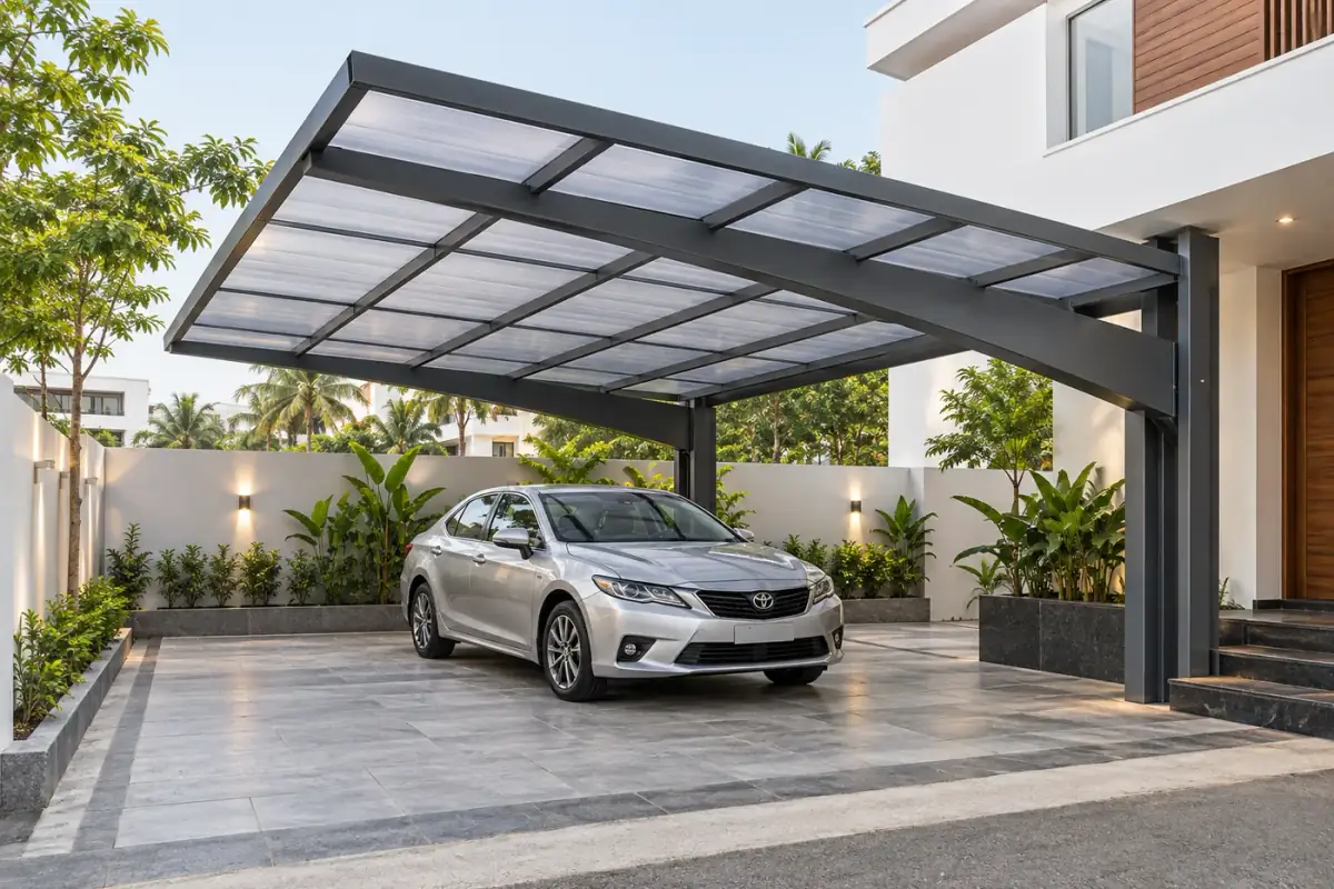 Steel-framed cantilever car canopy with translucent roof panels over a driveway — AI-created design concept