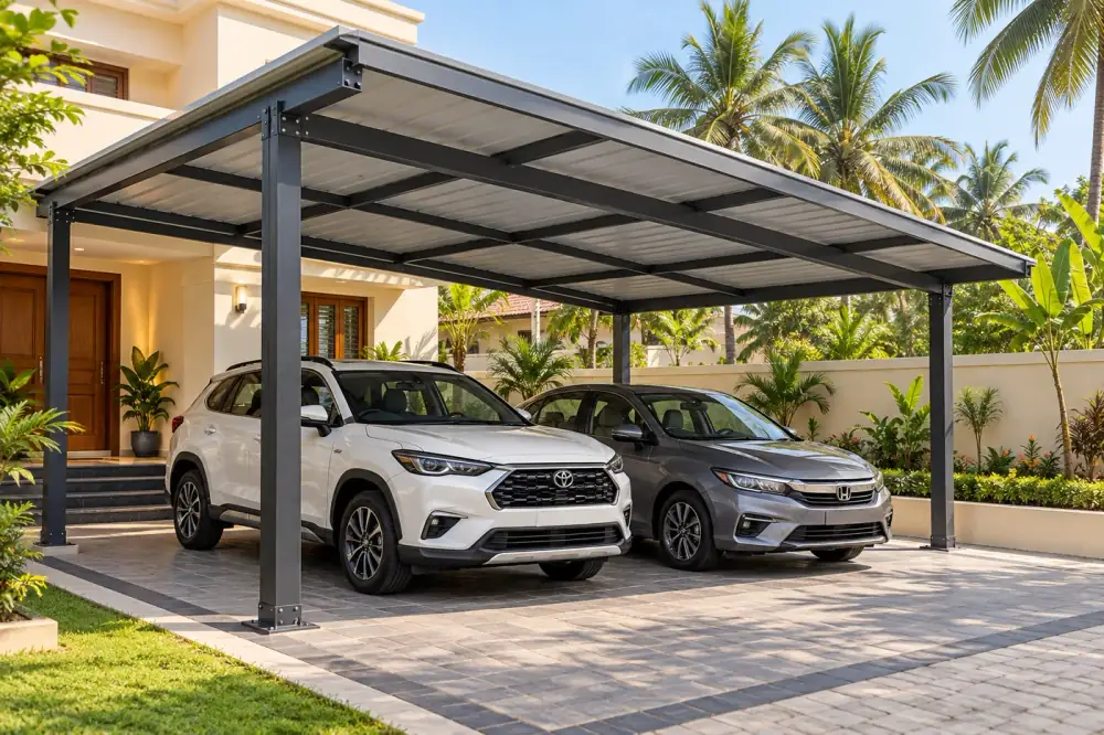 Two-car parking shelter with steel posts and a metal roof — AI-created design concept