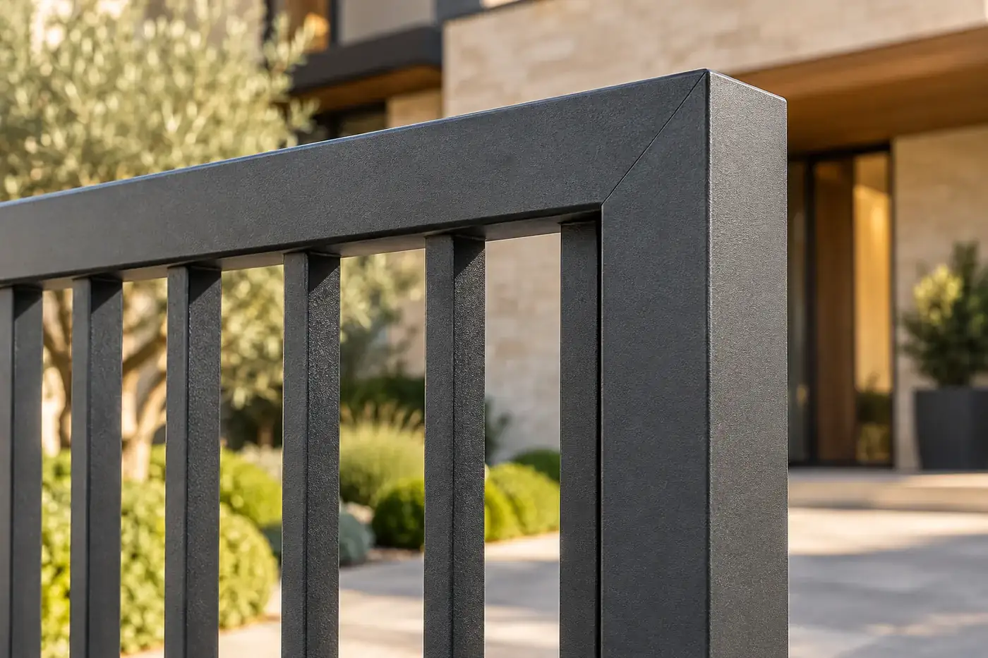 Close-up of a matte charcoal steel gate corner, welded frame and vertical bars — AI-created design concept