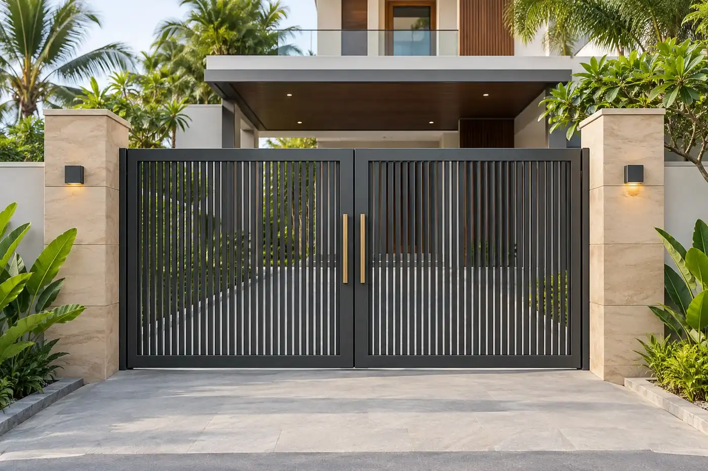 Charcoal double-leaf entrance gate with narrow vertical steel bars between stone pillars — AI-created design concept
