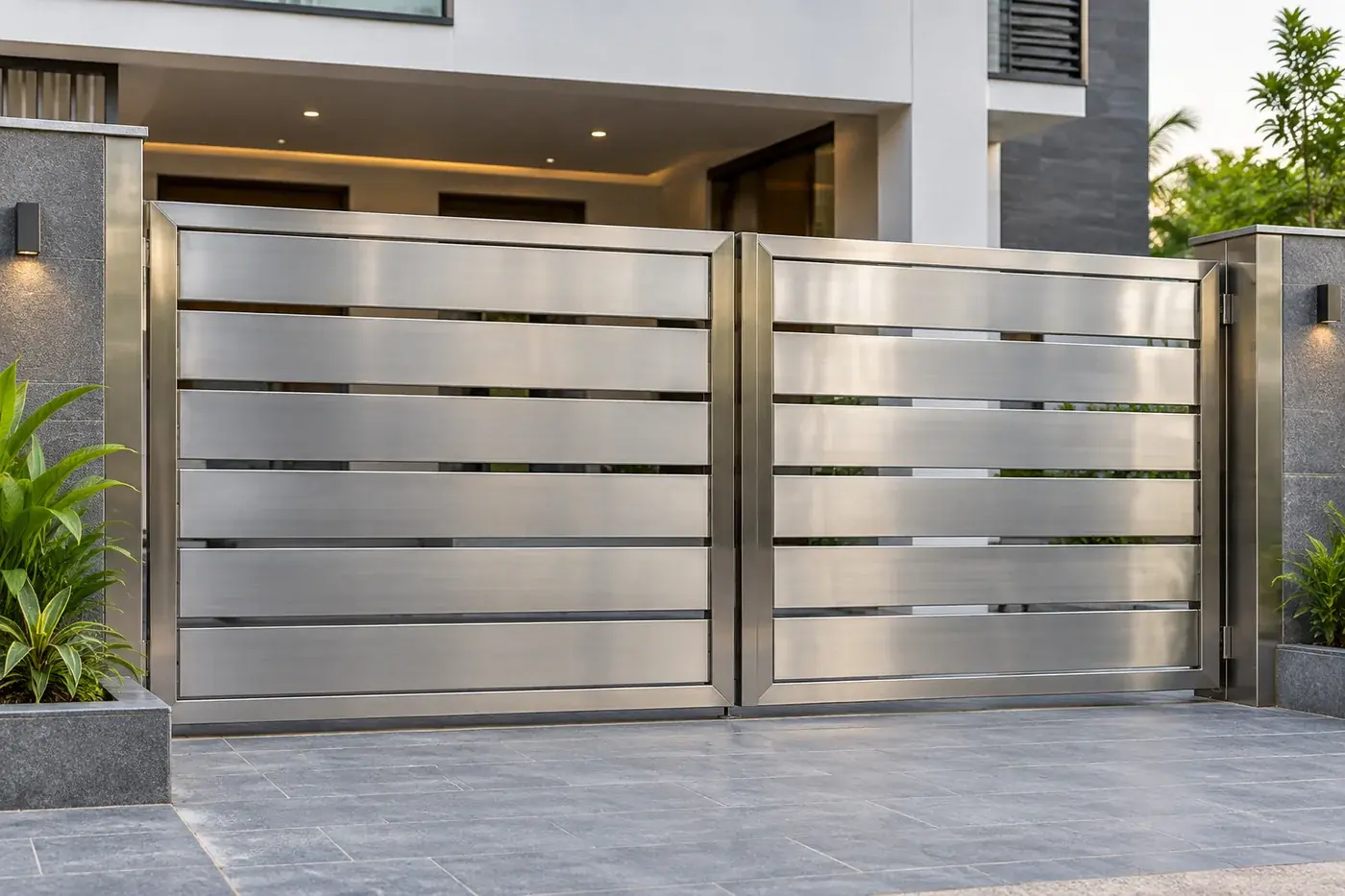 Brushed stainless steel entrance gate with wide horizontal panels — AI-created design concept