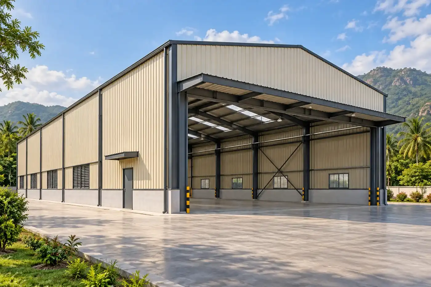 Metal-clad factory shed with an open loading bay — AI-created design concept