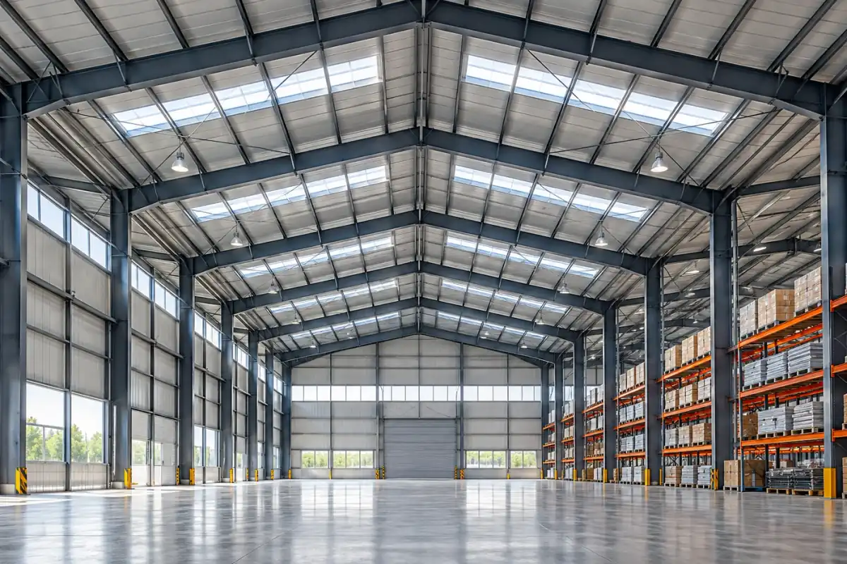 Warehouse interior showing steel frames, roof bracing and storage racks — AI-created design concept