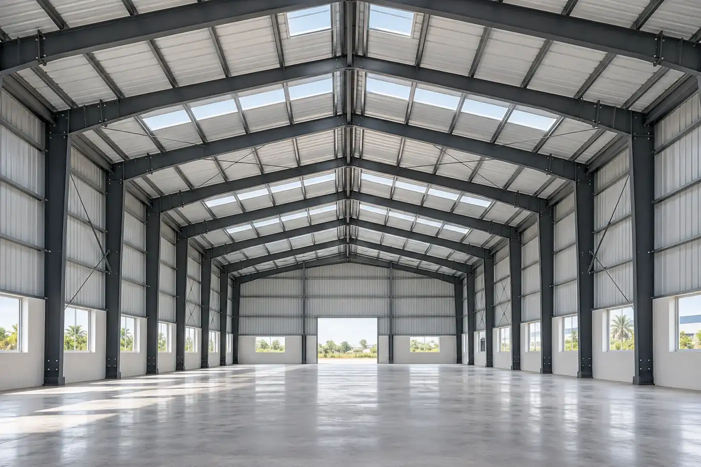 Open warehouse interior with exposed steel portal frames and roof bracing — AI-created design concept