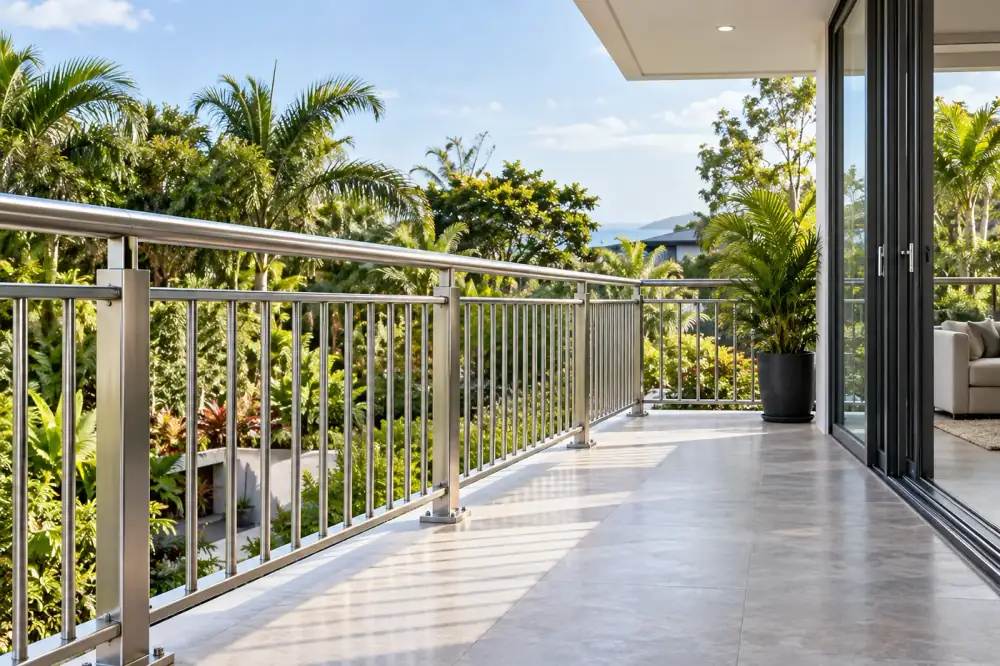 Stainless steel balcony railing overlooking a tropical garden — AI-created design concept