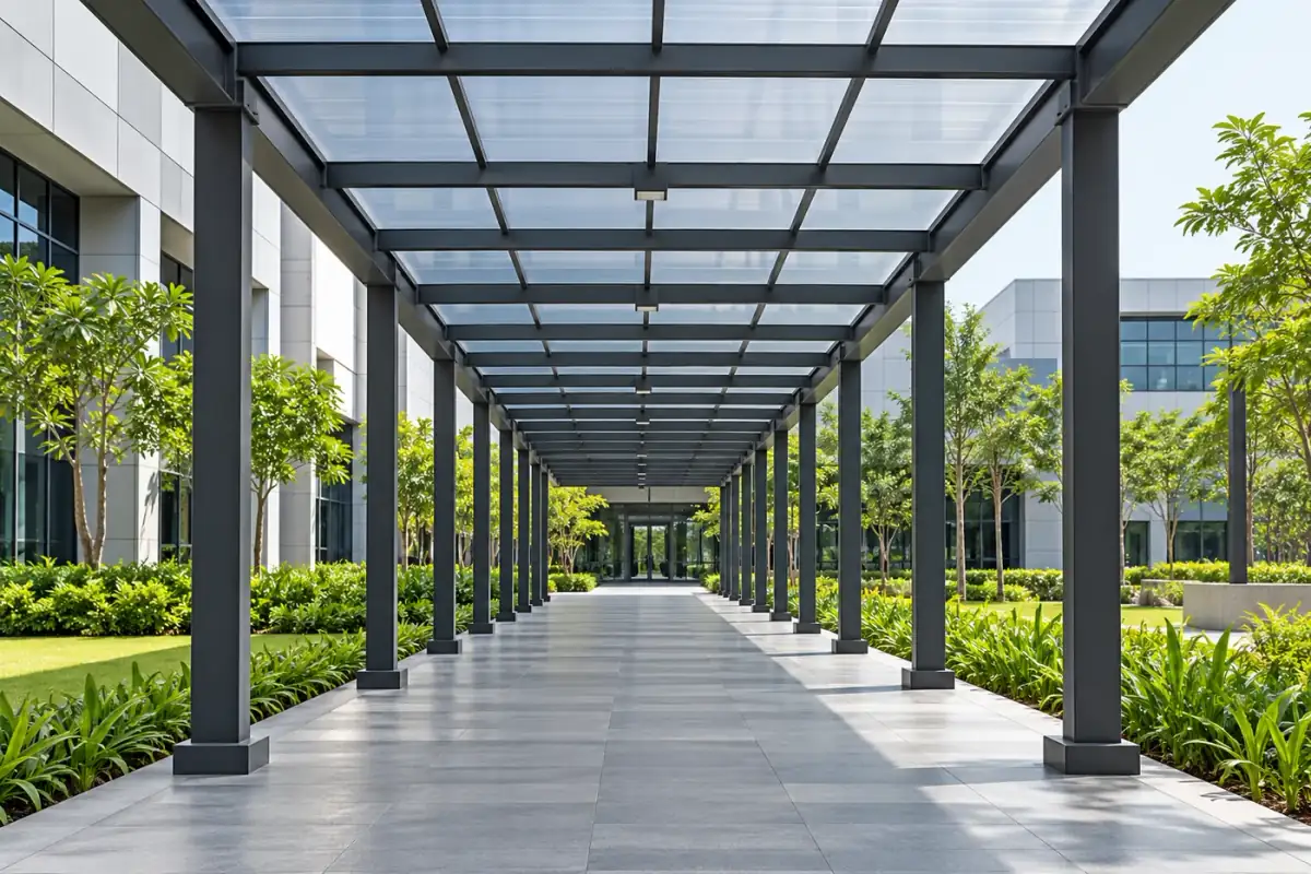 Long covered walkway with charcoal steel posts and translucent roof panels — AI-created design concept
