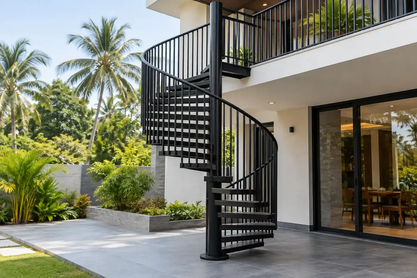 Outdoor black steel spiral staircase connecting a garden terrace to an upper balcony — AI-created design concept
