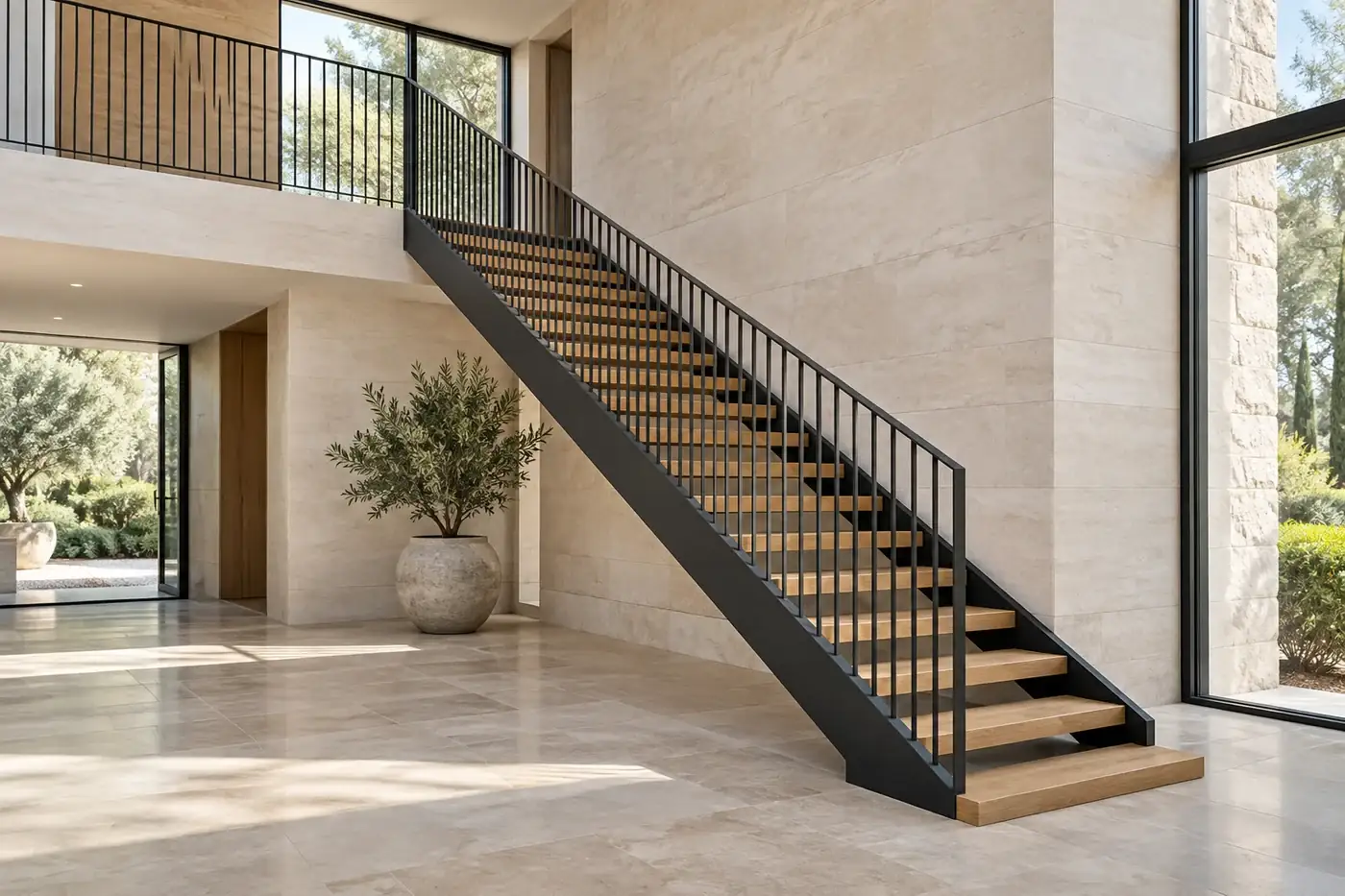 Straight indoor steel staircase with timber treads and vertical-bar handrails — AI-created design concept
