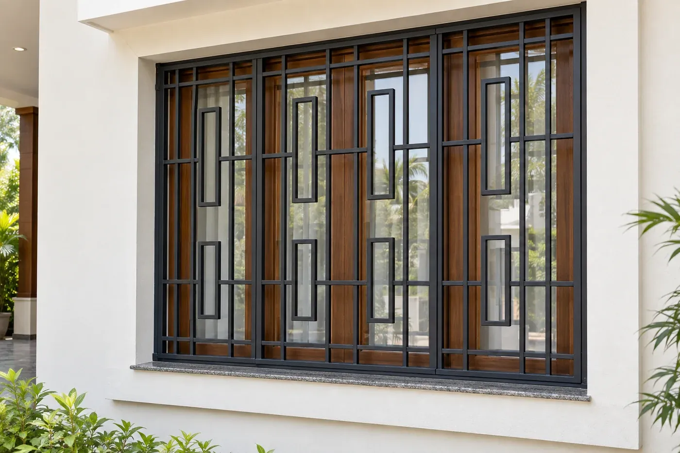 Black steel window security grill with rectangular geometric details in a timber frame — AI-created design concept