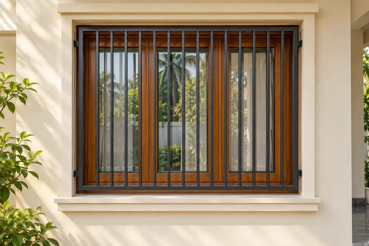 Rectangular window grill with closely spaced vertical steel bars — AI-created design concept