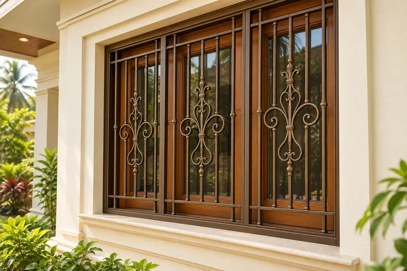 Decorative bronze-coloured window grill with scrollwork — AI-created design concept